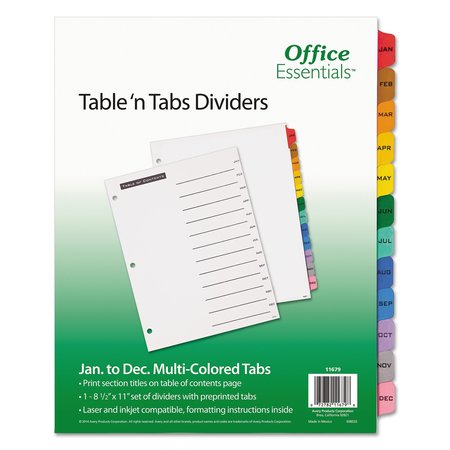 OFFICE ESSENTIALS Table of Contents Index Dividers, Monthly Jan-Dec, Multicolor, PK12 11679